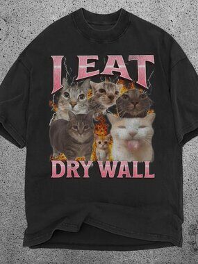 I Eat Drywall Cat Shirt, Funny Meme T-Shirt, Absurd Humor Bootleg Tee  256